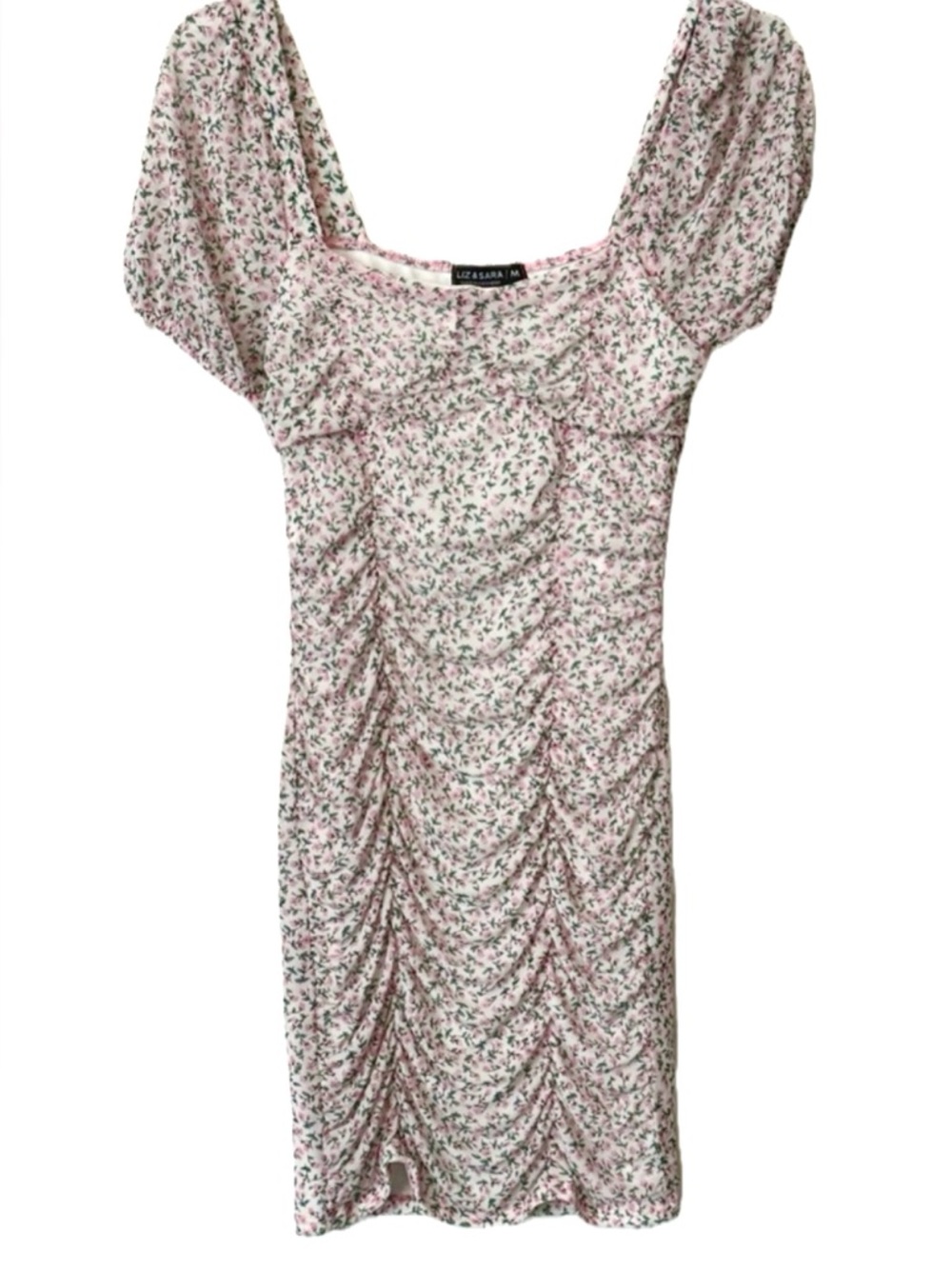 Liz & Sara Pink Floral Ruched Mini Dress Medium Cottagecore Puff Sleeve Coquette